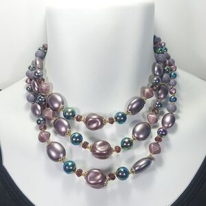 Vintage Faux Pearl Bead Multi Blue Mauve Multi Strand Layered Necklace